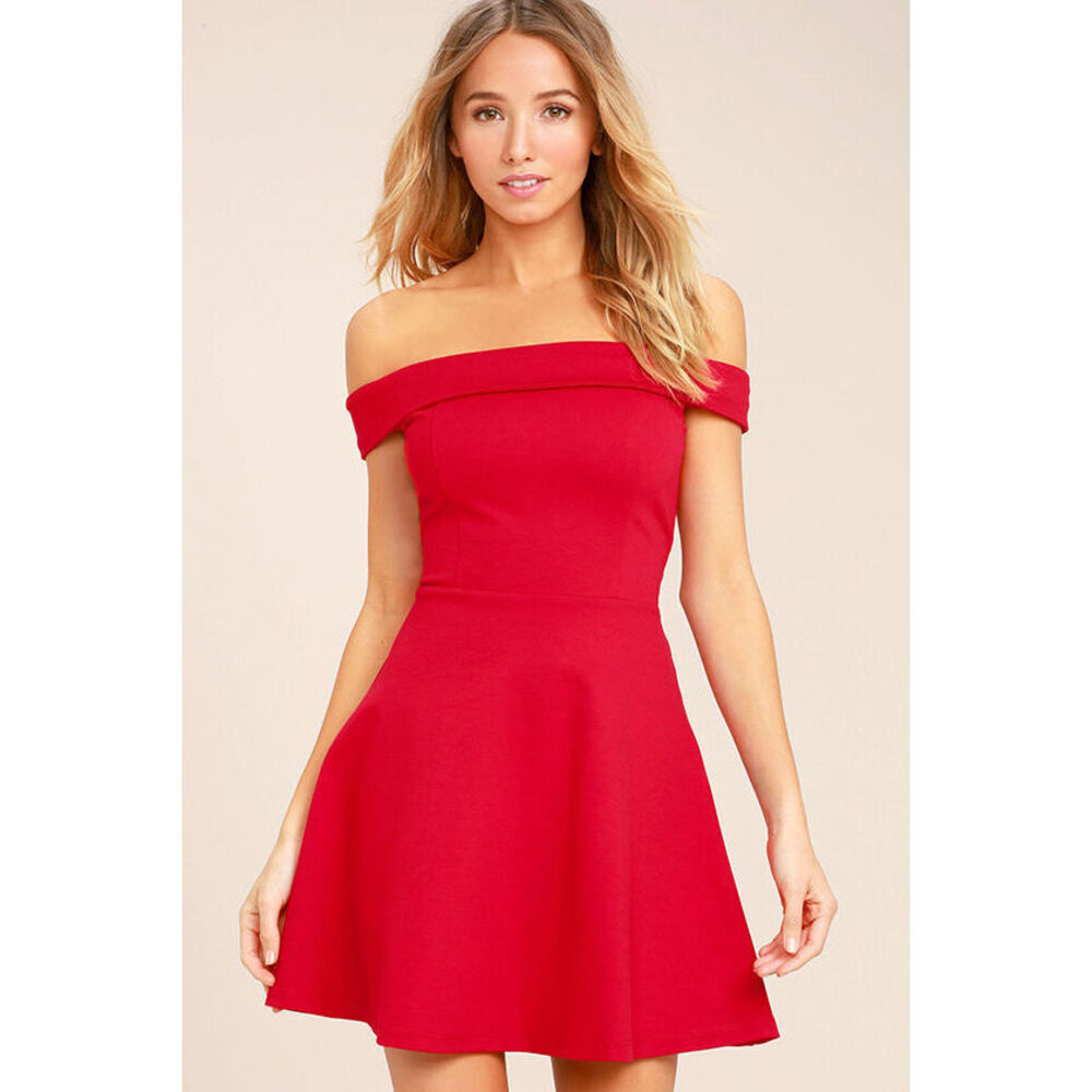 Lulus Season Of Fun Red Off-the-shoulder Skater Dress - Size Medium
